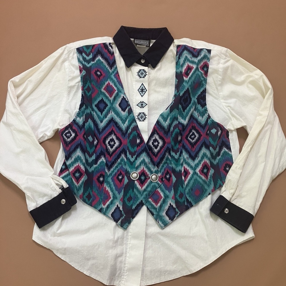 Vintage Roughrider by Circle T Women White Shirt Embroidered Western Vest‎ XL